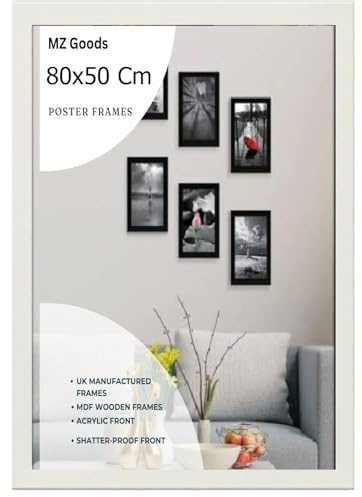 Modern Mdf Wooden Wide White Frame | 80x50 Cm Poster Frames Durable Sleek Acrylic Front | Jigsaw Puzzle Picture Frames Large Art Display For Home & Office Décor