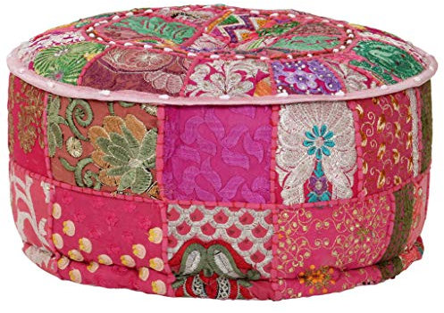 LAPOOH Patchwork Sitzpouf, Ottoman Puff, Sitzhocker, Sitzkissen Boden, Pouf Hocker, Sitzpuff, Couch Hocker, Rund Baumwolle Handgefertigt 40x20 cm Rosa