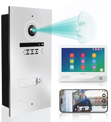 Mathfel Videocitofono a 2 fili, con riconoscimento facciale e impronte digitali, monitor da 7, WLAN, fotocamera HD da 2 MP, grandangolo da 170°, campanello con fotocamera e apriporta per casa di