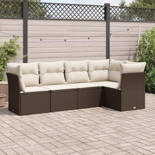IKAYAA Rattan Gartenmöbel Set mit Stauraum Gartenlounge mit Stauraum Balkon Lounge Rattan Sofa Balkon Ecklounge Gartensofa Ecksofa Loungemöbel Terrasse-Braun und Creme-5-tlg-Typ 3