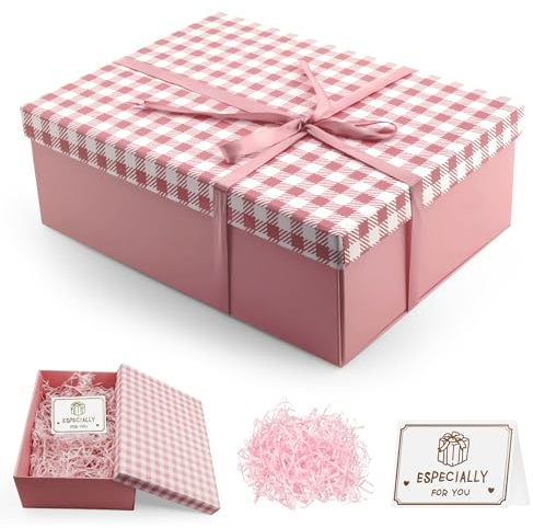 Caja Regalo con Tapa, 25 x 18 x 8.5 CM Plegable Cajas de Regalo, Cajas Regalo Carton con Lazo Cinta Tarjetas de Felicitación Rafia, para Cumpleaños Boda Navidad Aniversarios Fiestas (Rosa)