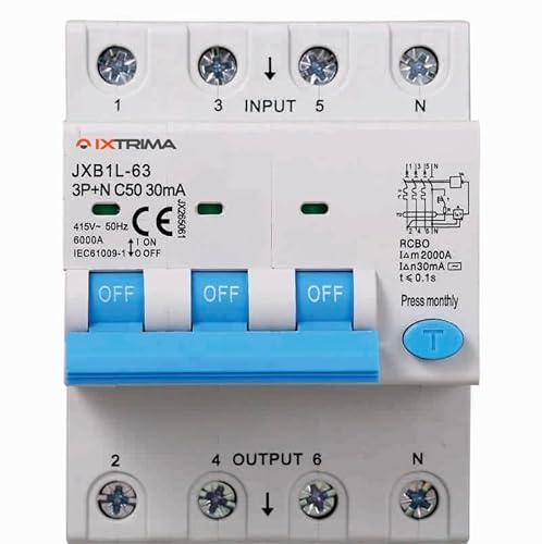 IXTRIMA Interruttore Magnetotermico Differenziale, 3P+N, 380V-6KA, 30mA, 4 Moduli DIN (50A)