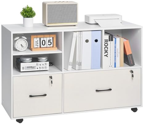 VEVOR Mobiletto Portadocumenti in Legno a 2 Cassetti, Mobiletto Mobile con Ripiani Aperti Regolabili, Supporto Portadocumenti Laterale con Serratura, per Stampante Indipendente Bianco