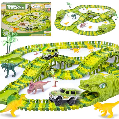 Kinderplay Pista Dinosauri per Macchinine – 360 cm flessibile con 240 pezzi – Auto fuoristrada a batteria, ponti e tunnel – Gioco creativo 3+