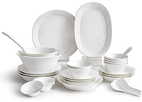 Resistant Dinner Set,32 Pieces Luxury Art Dinnerware Sets, Pure White Relief Thicken Ceramics Dinner Sets, Complete Porcelain Combination, Dishwasher and Microwave Safe,