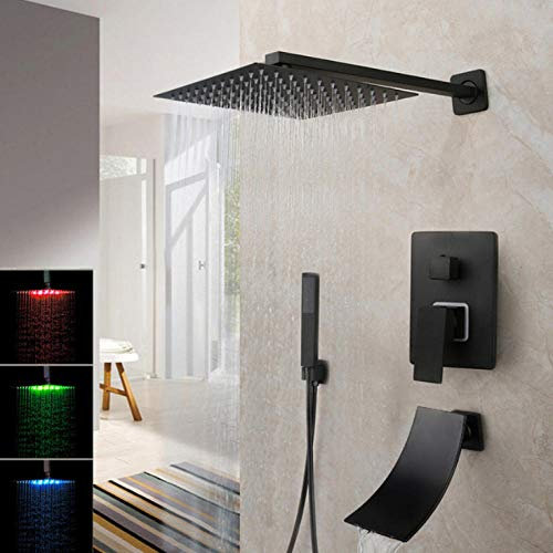 Robinet de Douche à Effet Pluie Noir Mat de 10 Pouces, pommeau de Douche carré à LED pour Baignoire, Ensemble de robinets de Douche à Jet Cascade