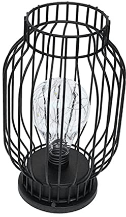 UKCOCO Lámpara de Noche Vintage de Hierro Forjado Forma de Jaula | Negro, Vidrio y Estructura Hueca, Pilas, Iluminación Junto Cama y Decoración de Pasillo