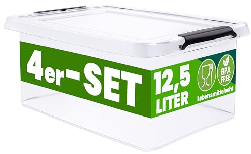 Deuba Aufbewahrungsbox 4x 12,5L mit Deckel | Kunststoff, Transparent, Stapelbar, Transparent, Lebensmittelecht, BPA frei, Klickverschluss, 39x29x17 cm, Küche