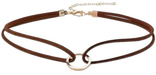 CALFOVERA Karma Choker Halskette Aus Wildlederimitat Gothic Goldener Kreis Mehrlagige Halsbandkette Brown Verstellbare Halsketten Aus PU Leder Schmuck Klassische Choker Mit Verlängerung Für Damen