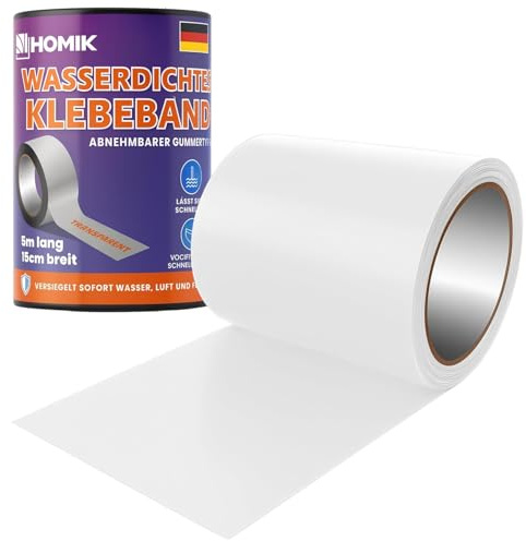HOMIK Extremt stark vit vattentät tejp utomhus och inomhus | tätningstejp vattentät 15 cm x 5 m | UV-resistent | Duct Tape | självsvetsande tejp