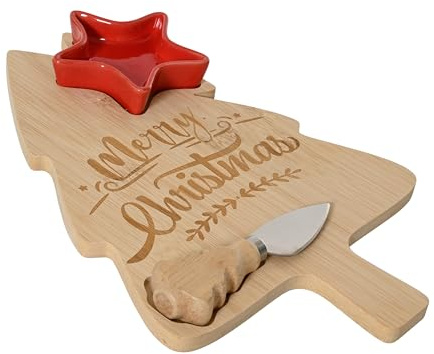 Tabla de cortar con cuchillo y cuencos, 30 x 20 cm, bambú, juego de 3 piezas, con texto Merry Christmas
