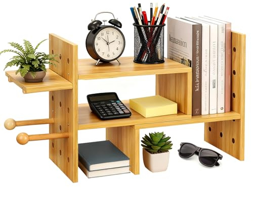 Wylnsie Holz-Schreibtischorganizer mit 2 Ebenen, Lochwand und Ablagefach, vielseitiges Tischregal für Büromaterial, Bücher, Pflanzen, kompakter Schreibtischorganizer für kleine Räume (Khaki)
