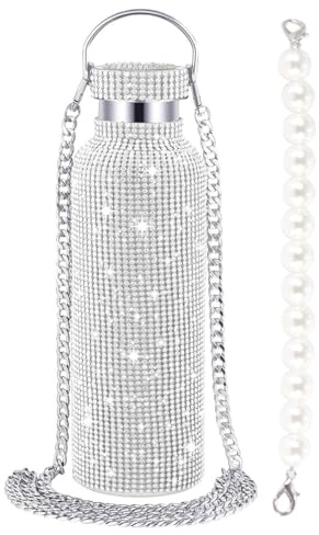 Alide 750ml Sparkly Water Bottle, Double Wall Vacuum Flask Crystal Sparkling Design with Chain for Hot & Cold Drinks