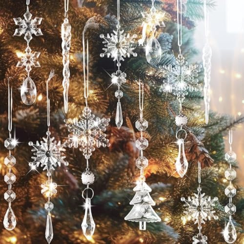 Rolcheleego 26pcs Crystal Christmas Tree Ornaments, Hanging Clear Acrylic Snowflake Icicle Drop Pendants for Xmas tree Winter Outdoor Indoor Party New Year Decor Supplies Transparent