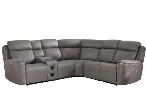 Hugo Techtronic Leather Like Electric Reclining Corner Sofa With Bluetooth + Speakers with - Wireless Charging - Cooling Cooling Cup Holders - USB Ports (Grey)