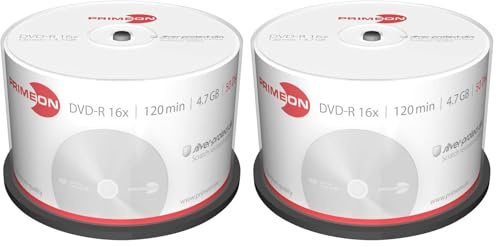 Primeon 2761204 DVD-R Rohlinge (16x Speed, 4.7GB, 120 Min, 50er Spindel), Silber (Packung mit 2)