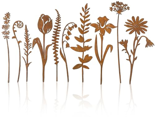 Qubitly 10 Pcs Rustic Metal Flowers For Garden, Weatherproof Metal Garden Stakes, Vintage Rust Finish Flower Decor, Plant Pot Decorations, 10.2-14.2Inch, Ideal For Yard Patio Flower Bed Vase Decor