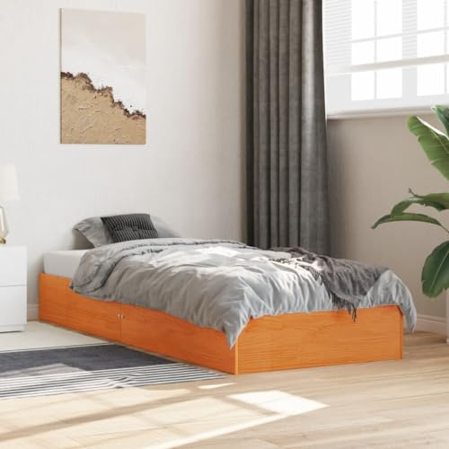 Ordellia Massiv träsäng, vaxbrun, 90 x 190 cm, furu sängram med plywoodpinnar, robust plattformssäng för sovrum, hållbara möbler