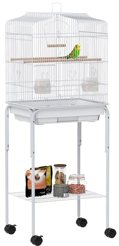 PawHut Jaula para Pájaros, Jaula Grande con Ruedas, Estante de Almacenaje, Puertas, 2 Comederos, 2 Perchas, Columpio, Bandeja Extraíble y Asa, para Loro, Canario, Periquito, 46,5x36x124 cm, Blanco