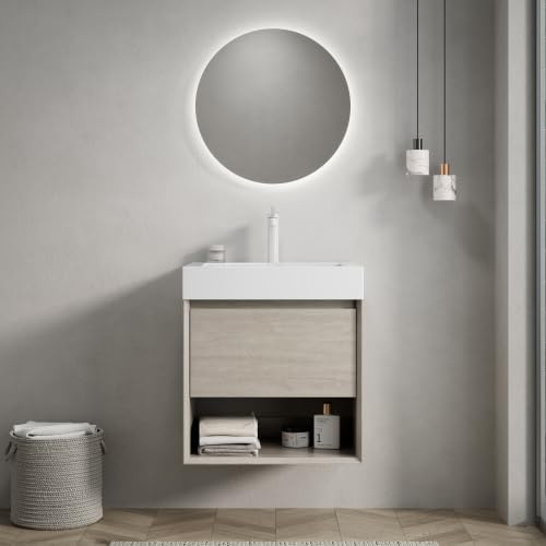 vutizal Base per lavabo da 55 cm, montaggio a parete con vasca in resina integrata, colore bianco, cassetto Soft-Close e ripiano aperto, preassemblato in rovere chiaro