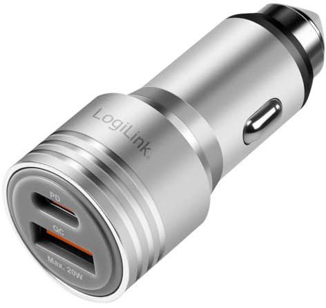 LogiLink Adaptateur de Chargeur de Voiture USB 2 Ports (Voiture et Camion) avec Charge Rapide et Powerdelivery, 20 W, Fonction Marteau d'urgence, Protection Contre Les surintensités, Les surtensions