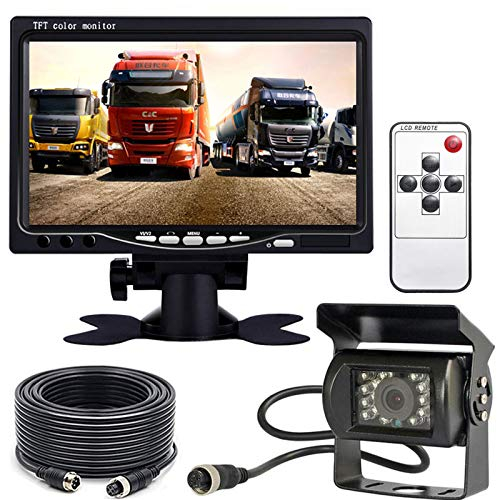 Xinyida Rückfahrkamera, 4-polig, 12 V bis 24 V, 18 LEDs, IR-Nachtsicht, wasserdicht, mit 15 m Kabel + 17,8 cm Farb-TFT-LCD-HD-Automonitor für Wohnmobil, Bus, LKW, Anhänger