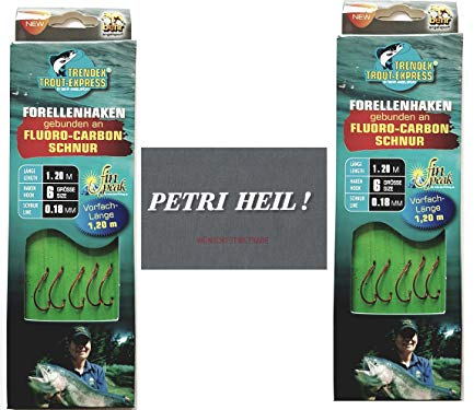 Set: 2-6 Packungen gebundene Forellenhaken (10-30 Stück) an Fluoro-Carbon Schnur Vorfach, Hakengröße 4, 6 & 8 von Behr + gratis Petri Heill! Aufkleber (2 Packungen Hakengröße 6)