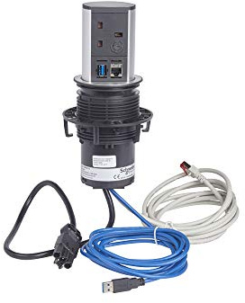 Schneider Electric Mita - Single Pop-up Tower Socket, Desk Power Socket System, with Single USB Charging Ports and Data Outlet, RJ45, INS93111, Black with Metallic Frame