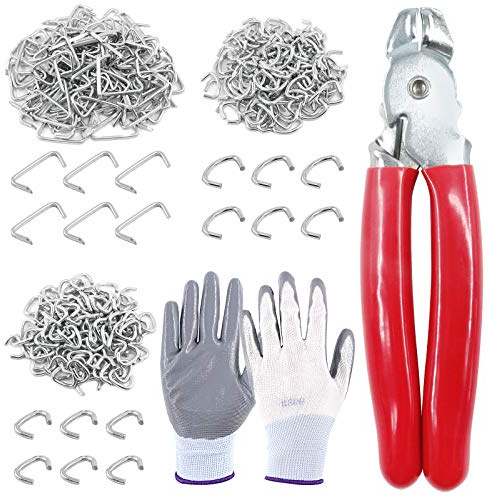 Keadic Straight Hog Ring Pliers & 360 Pieces Galvanized Hog Rings, Professional Upholstery Installation Kit with Protective Gloves, for Upholstery, Bungee, Meat & Sausage Casings, Animal Pet Cages