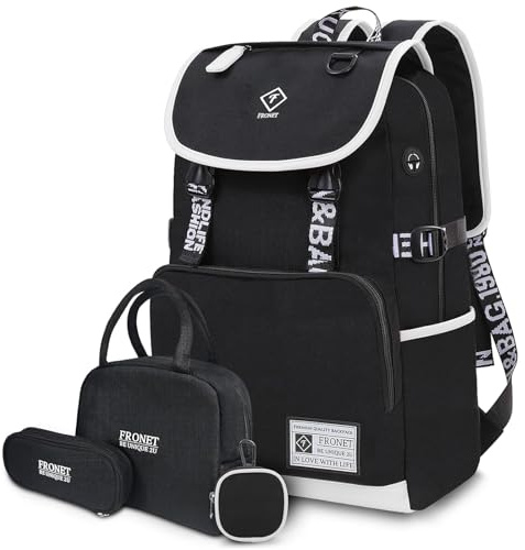 FRONET Skolväskor Tonåringar Skolryggsäck Pojke Flicka och Kvinna 8-22 År Casual, 16 tum Ordinator Bärbar Stor Väska för College Business Resor Kawaii Daypack Ryggsäcksväskor, svart, 18.11x11.81x6.3