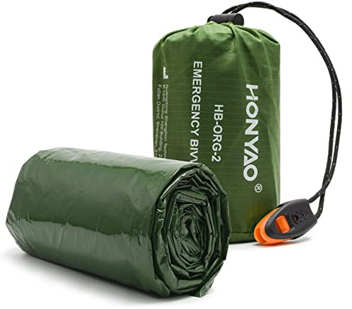 HONYAO® Nödfilt Sovsäck med Visselpipa, Survival Sleeping Bag, Nödsovsäck - Ultra Lätt, Hålla Varm, Vattentät, för Utomhus Camping Vandring - Grön 1 Stycke