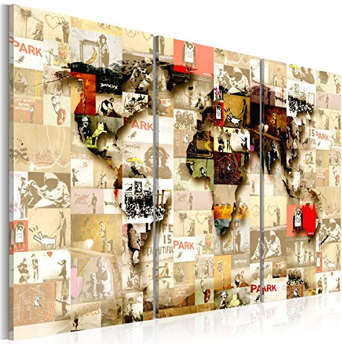 B&D XXL - Akustikbild BANKSY Weltkarte Bilder Akustikschaum Hochleistungsschallabsorber Schallschutz Leinwand 3 tlg Wandbild Raumakustik Schalldämmung k-C-0057-b-g