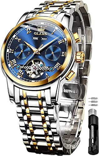 OLEVS Automatische Armbanduhr für Herren, selbstaufziehend, mechanisch, wasserdicht, Edelstahlarmband, klassische Tourbillon-Armbanduhr, Weißes Armband und blaues Zifferblatt, Armband, T-N-G6607G-JL