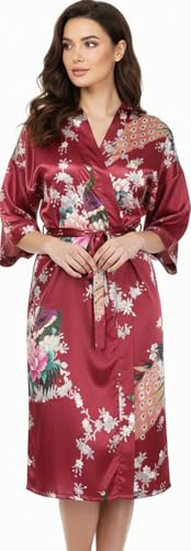 TRIFOLIUM Kimono - Peignoir Satin Soyeux avec Imprimé Paon & Fleurs Kimono Rouge Vin Étiquette d'usine FR 34-36 (NG8701-XS-WRD-1PC)