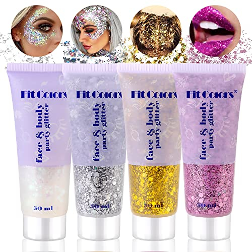 Body Glitter Gel, Vegena 4 Bottle Glitzer Gesicht, Chunky Glitter, Schminke Karneval Face Glitters für Kosmetik Gesicht Haare Lippen Nägel Festival Party Make Up (Weiß+Silber+Gold+Rosa)