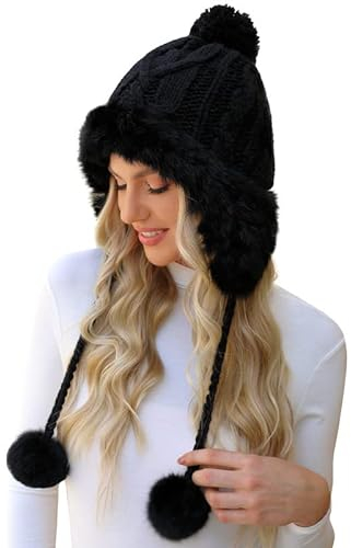Clearlove Damen Winter Mütze Schwarz Einfarbig Warm Elegant Trapper Beanie Mütze für Damen Winter Warme Strickmütze mit Weichem Innenfutter Gefütterte Strickmütze A-Schwarz