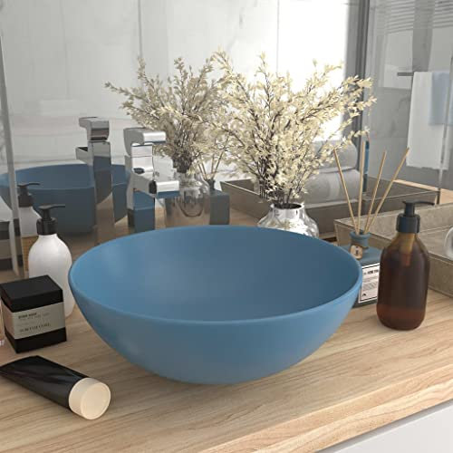 HOMIUSE Lavabo de Salle de Bain CéRamique Bleu Clair Rond Vasque à Poser Salle de Bain Lavabo Salle de Bain Lavabo Wc Lave-Mains éVier-Lavabo à Poser Sur Meuble Lavabo sur Table 28x10 cm