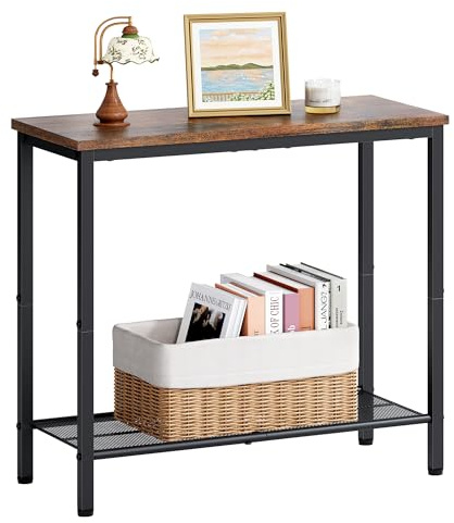 Hoctieon 2 Tier End Table, Sofa Side Table, Narrow Side Table with Storage, Slim Nightstand for Small Spaces, Metal Frame, for Living Room, Bedroom, Sofa Couch, Hall, Rustic Brown