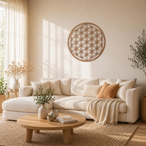 K&L Wall Art Boho Wandbild Blume des Lebens Holzbild Lebensblume runde Wanddeko Holz modern Feng Shui Deko Mahagoni 40cm