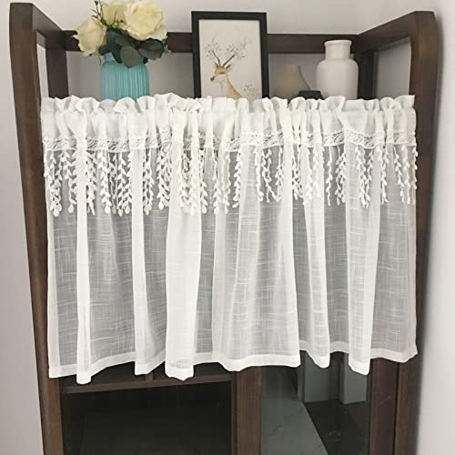 A.Monamour Rideau de Cuisine Court pour Petit Fenêtre Voilage Blanc Solide Semi Transparent Retro Coton Lin Broderie Dentelle Voile Rideau Brise-bise Rideaux à Disques Cantonnières Demi Rideau Bistro