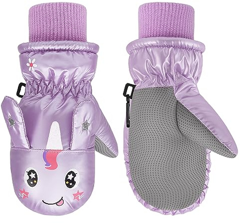 MoKo Guantes de Esquí para Niños Invierno, Guantes de Nieve Impermeables para Niñas de 2 a 4 años Antideslizantes Resistente al Viento con Hebillas, Mitones Térmicos al Aire Libre, Talla S, Morado