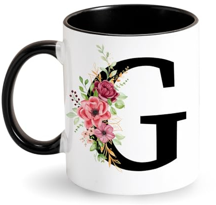 Tasse à café personnalisée avec lettre fleurs - Tasse en céramique avec alphabet - Noir - Cadeau initial pour femmes, amis, mère - Cadeau d'anniversaire (G)
