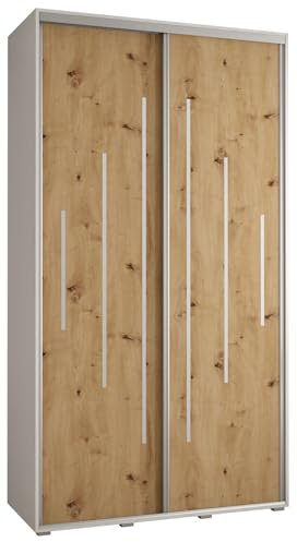 MEBLE KRYSPOL Davos 12 140 Schrank mit Zwei Schiebetüren für Schlafzimmer - Moderner Aufbewahrungsschrank mit Kleiderstange und Regalen - 235,2x140x60 cm - Weiß Artisan Silber
