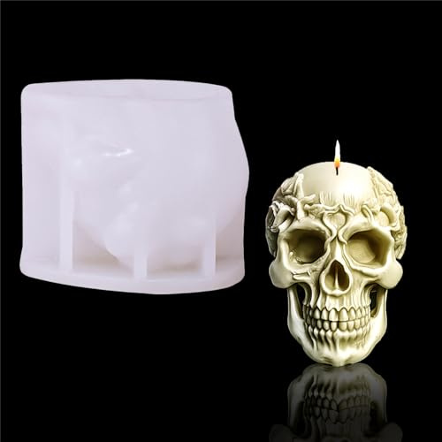 JS MOLD Rosenschädel Kerzenform,Totenkopf-Silikonform,3D Epoxidharz Silikonform, Halloween Schädel Silikonform für Beton Gips Kerzenformen Zum Gießen (03#)