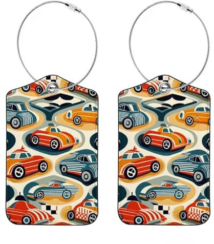 Gepäckanhänger aus Leder, Gepäckanhänger für Koffer, Reisegepäckanhänger mit Namensausweis und Stahlschlaufen, Cartoon-Auto-Muster, Kreuzfahrt-Hangbag-Zubehör, Halter für Gepäcktaschen, 2 Stück