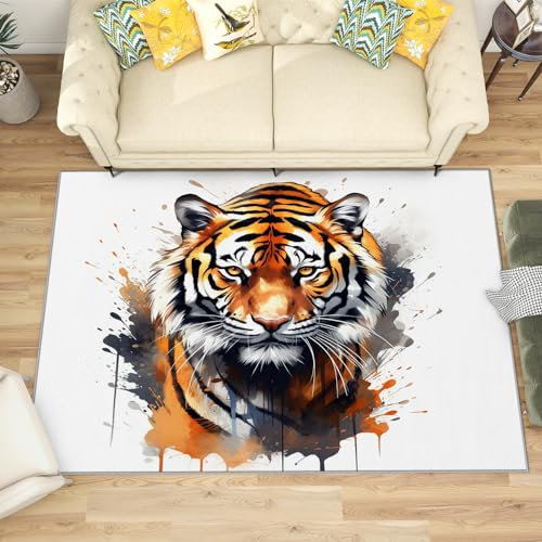 Teppich Tigermotiv - Teppich Wohnzimmer Schlafzimmer Tiger, Großer Teppich Wildtiere, Weich Kurzflor & Waschbar & rutschfest Wohnzimmerteppich, Kinderteppich, Bettvorleger 140x200 cm