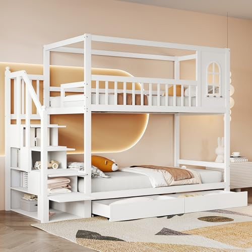Dolamaní Kinderbett Hochbett 90x200 cm mit Rausfallschutz, Etagenbett 2 Kinder mit Himmelbett Haus Form Design, Stauraum Treppe, 2 Lattenrost, Jugendbett Jungen Mädchen Bett (Weiß)