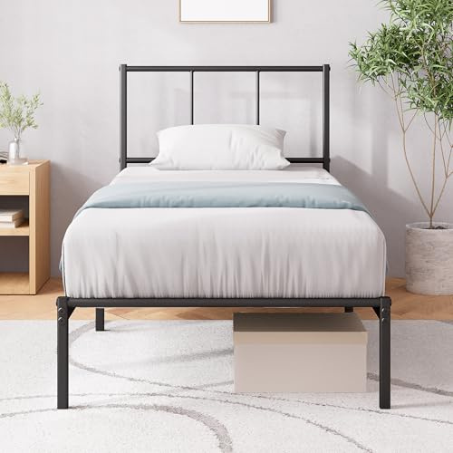 Zinus Justin 3ft Single Bed Frame with Headboard (90 x 190 cm) - 14'' Height - Metal Bed Base with Steel Slat Support - Storage Space Underneath - Modern Design - Easy Assembly - Black