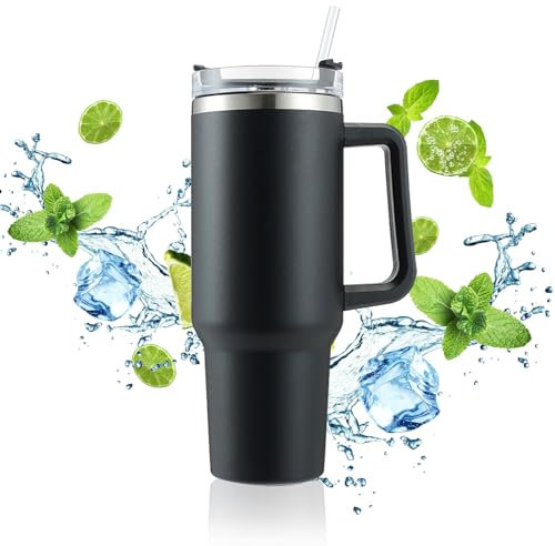Travel Mug Coffee Cup 40oz Tumbler Straw Lid and Handle, Stainless Steel Insulated Water Bottle - Leakproof, Insulated Water Bottle with Handle and Straw Cup for Home, Office, Car, Travel