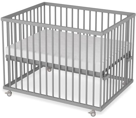 Sämann Laufstall Baby mit Matratze SleepPlus, Lattenrost und Schlupfsprossen | stufenlos höhenverstellbar | Laufgitter Premium | Babybett aus Holz | Krabbelgitter (grau, 75x100 cm)